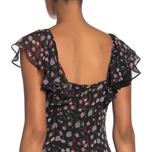 Sam Edelman Black Floral V-Neck Ruffled Midi Dress Size 4 - Picture 6 of 16